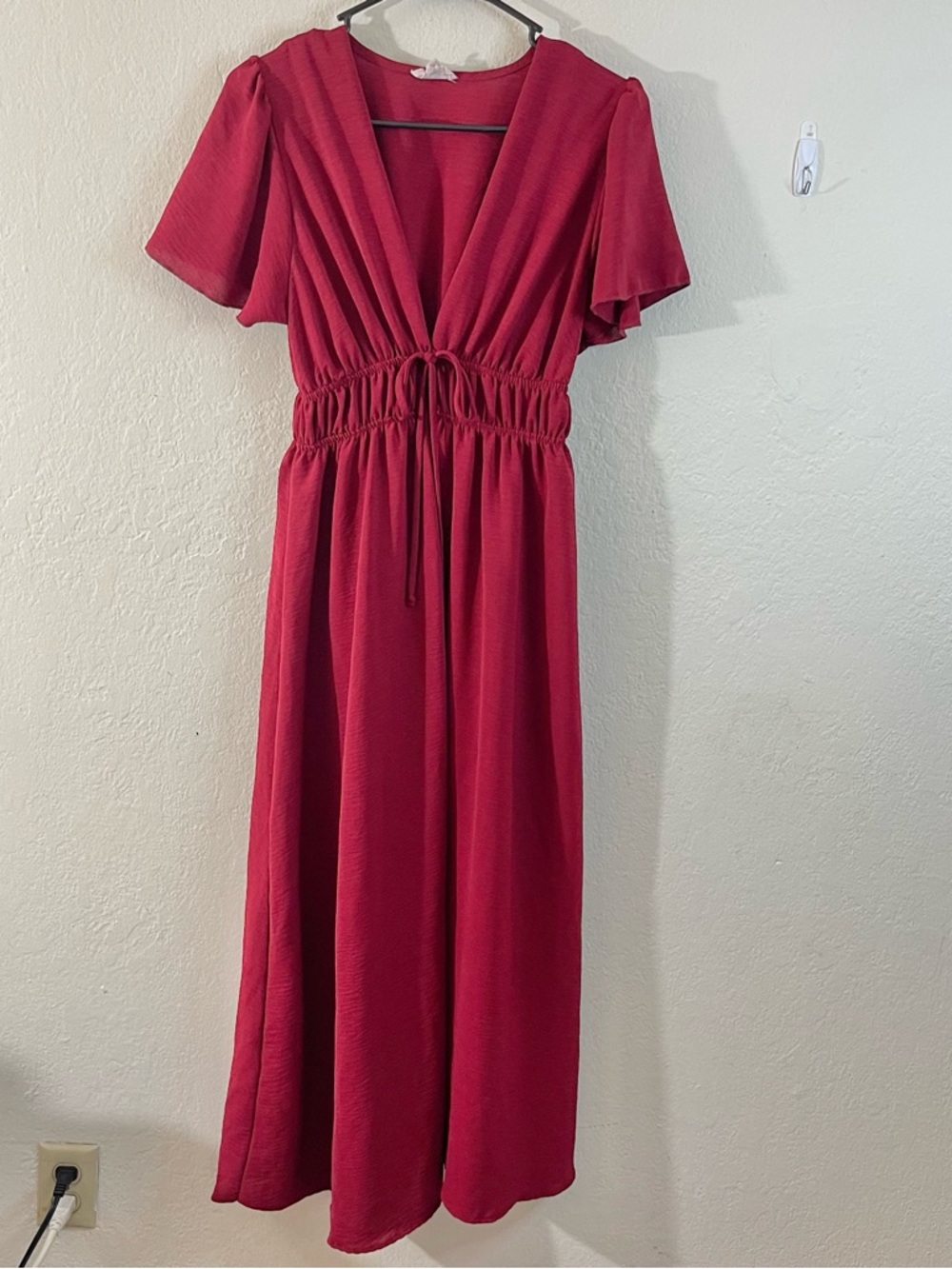 See You Monday Red V-Neck Drawstring Maxi Dress Women Size Large Boho Vacay